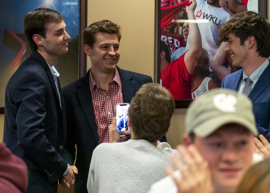 President Cole Bornefeld congratulates Garrison Reed on winning his position for vice president in WKU’s Student Government Association’s chamber just after midnight on April 20, 2022. Reed has been appointed to serve as student representative on Kentucky's Council on Postsecondary Education.
