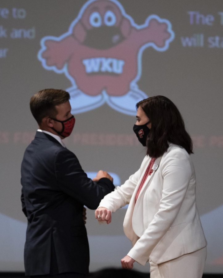 WKU’s Student Government Association participated in a town hall debate in the Downing Student Union auditorium on the night of Sept. 24. Executive Vice President Garrett Edmonds is running for Student Body President against MJ Mayo, senator for Potter College of Arts and Letters. Abbey Norvell is running for Administrative Vice President alongside Edmonds.