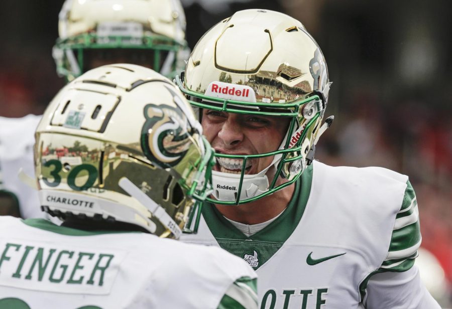 Chris Reynolds (3) of the Charlotte 49ers had a short celebration after his team scored the first touchdown of the game against Western Kentucky University’s Hilltoppers on Oct. 19, 2019, in Houchens-Smith Stadium, Bowling Green, Ky. The Hilltoppers went on to beat them 30-14.