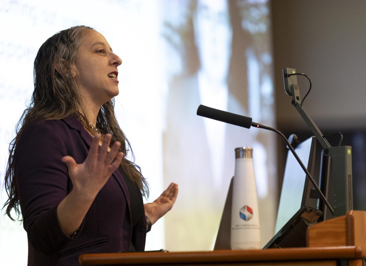 University of California Berkeley professor and historian Ronit Stahl talks through her presentation “There’s Nothing Religious About an Appendectomy” to students and faculty in Gary Ransdell Hall on Thursday, Feb. 15. 