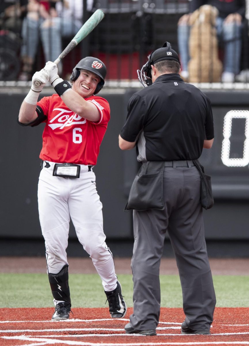 Catcher Joey Baran (6) smiles at the umpire during WKU’s game against Dallas Baptist University on Sunday, April 7, 2024. 