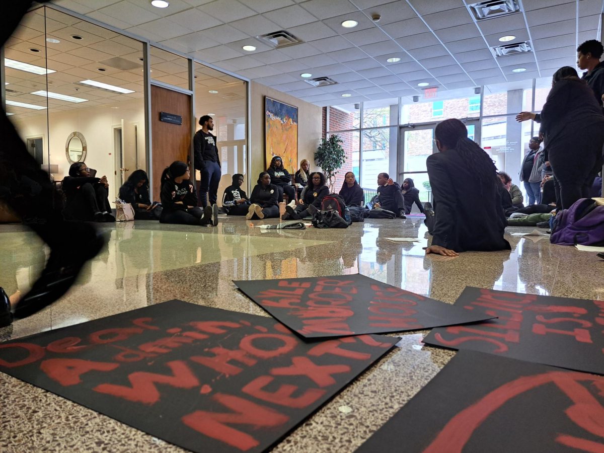 WKU students engage in a discussion during a sit-in organized by "For The People," a WKU student advocacy group, at the Wetherby Administration Building on March 27. During the sit-in, students shared their feelings about the “lack of response” from the university about Kyle Rittenhouse speaking at a WKU Turning Point USA event.