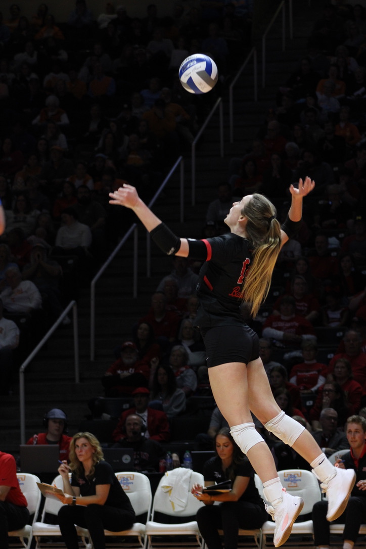 Redshirt sophomore setter Callie Bauer serves during WKU's game against the University of Tennessee in the second round of the NCAA Volleyball Championship on Dec. 2. Bauer led the team in blocks and assists. 
