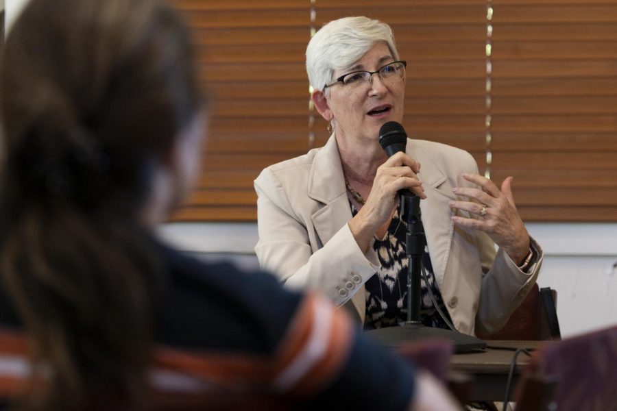 Provost Cheryl Stevens fields questions from faculty members during the faculty senate meeting on Aug. 29, 2019. The provost discussed reallocation of money in the senate budget, representation of minority student populations and a state orchestrated program evaluation.