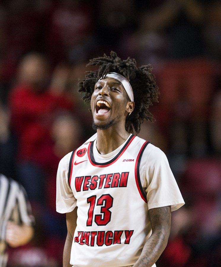 WKU guard Taveion Hollingsworth (13) celebrates after scoring during the game against Old Dominion on Saturday, Feb. 24, 2018. Hollingsworth scored 20 points and played 33 minuets.