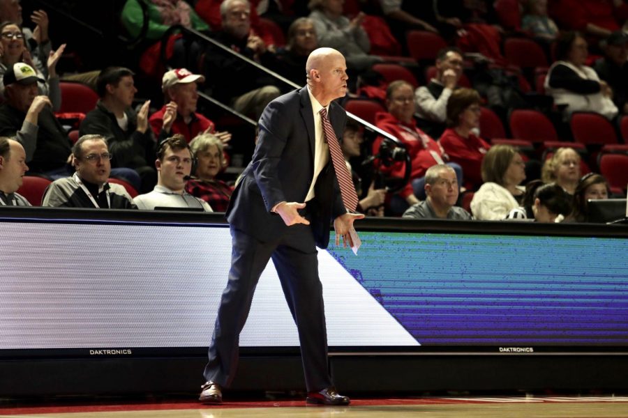 Head coach Greg Collins calls to his players during the women's basketball game against Marshall on Thursday, Feb. 20, 2021. The Lady Toppers defeated the Thundering Herd 79-65.