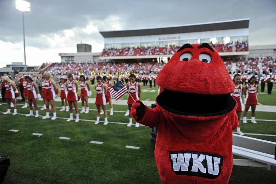 Big Red pauses for a moment of silence before a WKU football game on Sept. 10, 2011, in Smith Stadium. Big Red has been WKU's mascot since 1979 when it was created by Ralph Carey. "Big Red is seen as a part of the spirit of Western," Carey said.