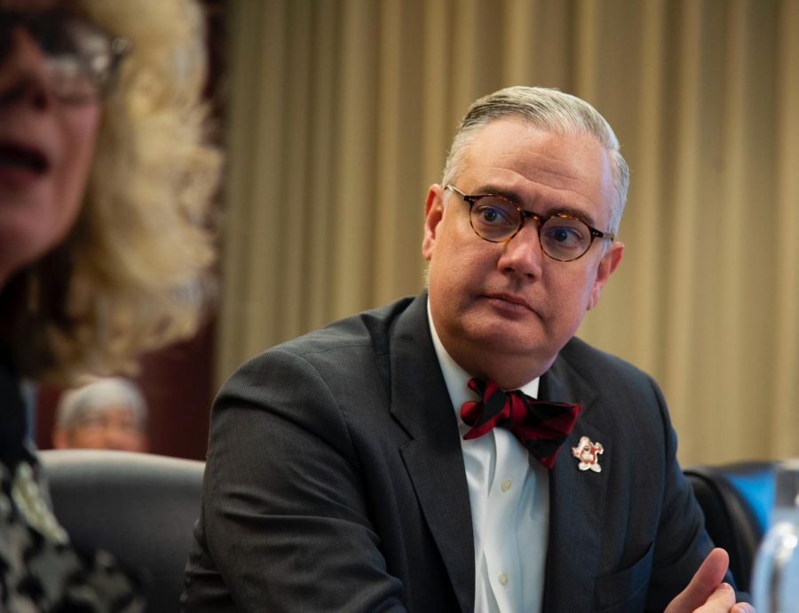 WKU President Timothy Caboni listens to Vice President for Strategy, Operation and Finance Susan Howarth speak during the Jan. 31, 2020 Board of Regents committee meeting.