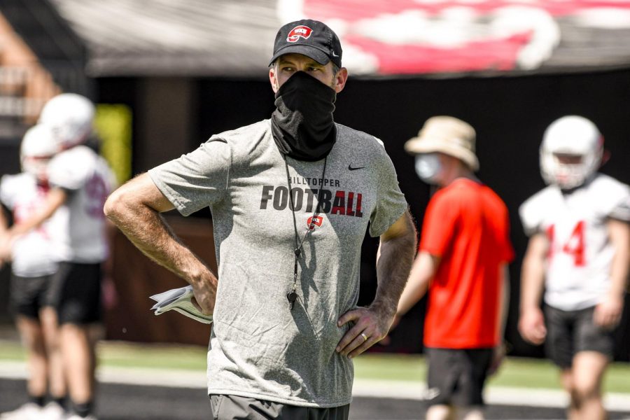 Head Coach Tyson Helton on the field for the first day of camp at Houchens-Smith Stadium in 2020.