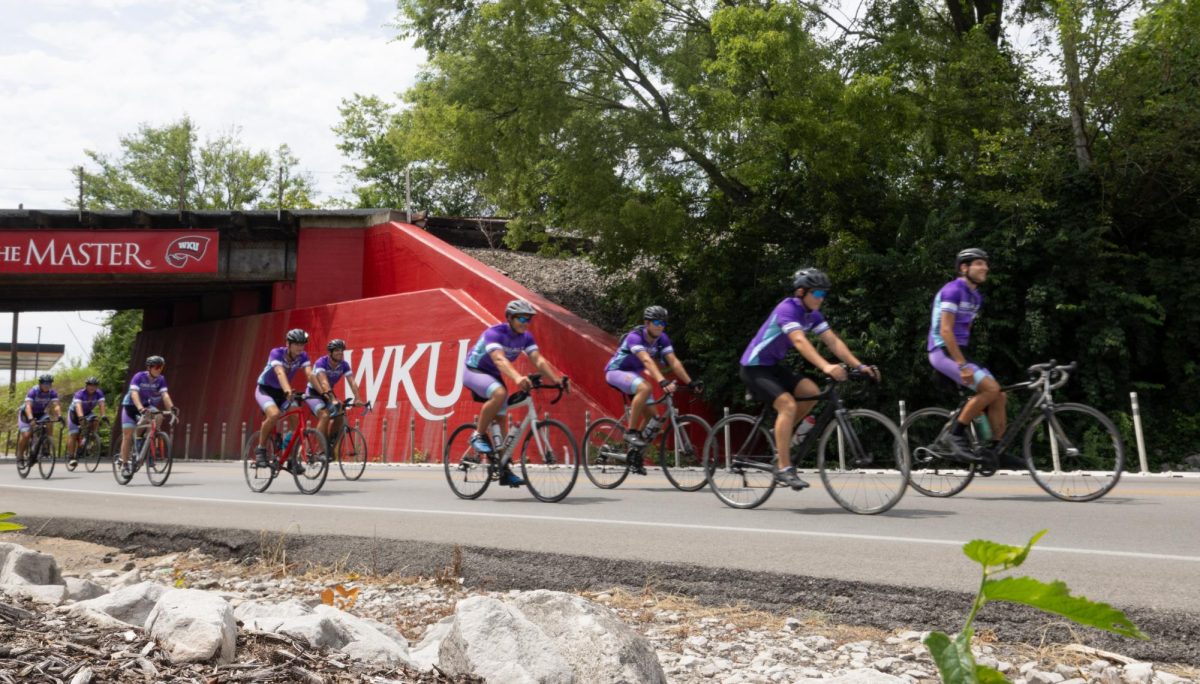 The Bike4Alz Team 12 rides down Russellville Road towards WKU on Monday.
