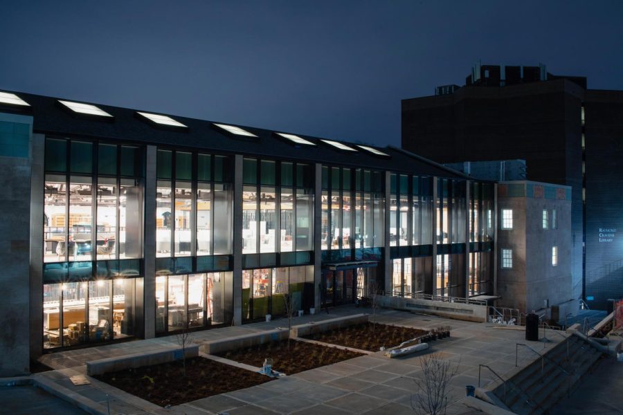 The Commons At Helm Library illuminate the walkway beside the Fine Arts Center. Chief Facilities Officer Bryan Russell said the building is "extremely close" to being operational.