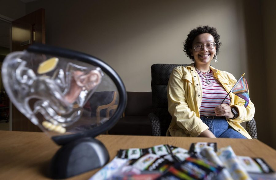 Arielle Railley, a senior health science major poses for a portrait in an office at the Health Education and Promotion office on Wednesday, Feb. 22, 2023.
