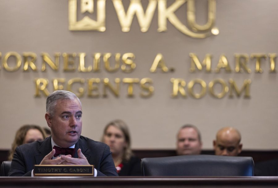 WKU President Timothy C. Caboni sits at the Board of Regents meeting in the Regents Room inside Jody Richards Hall on Thursday, Dec. 8, 2022.