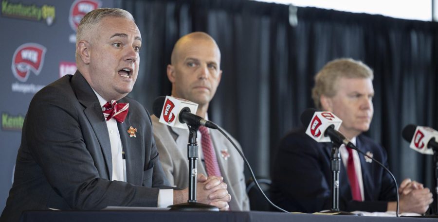President Timothy Caboni introduces Steve Lutz, the new head coach of the men’s basketball team, along with Director of Athletics Todd Stewart in the Jack and Jackie Harbaugh Stadium Club building on Monday, March 20, 2023. Lutz made the move to WKU from Texas A&M Corpus Christi.