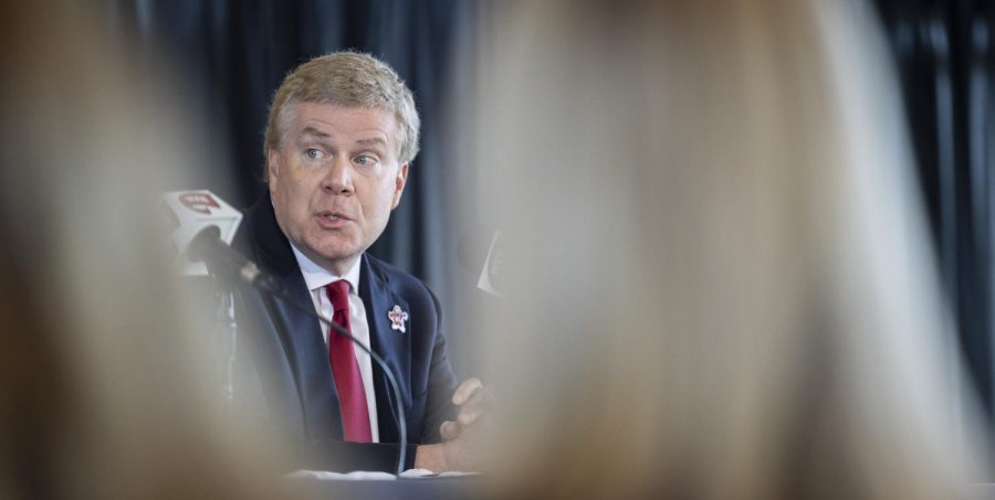WKU Director of Athletics Todd Stewart speaks at a press conference  introducing the Steve Lutz, the new head coach of the WKU mens basketball team in the Jack and Jackie Harbaugh Stadium Club building on Monday, March 20, 2023. Lutz made the move to WKU from Texas A&M Corpus Christi.