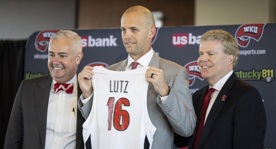 President Timothy Caboni, Steve Lutz, the new head coach of the men’s basketball team and Director of Athletics Todd Stewart in the Jack and Jackie Harbaugh Stadium Club building on Monday, March 20, 2023. Lutz made the move to WKU from Texas A&M Corpus Christi.