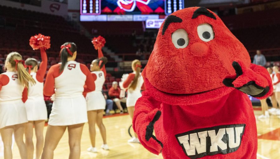 Big Red hypes up the crowd with the WKU cheer team ahead of the matchup between WKU and Little Rock in E.A. Diddle Arena on Sunday, Dec. 11, 2022. WKU won 48-25.