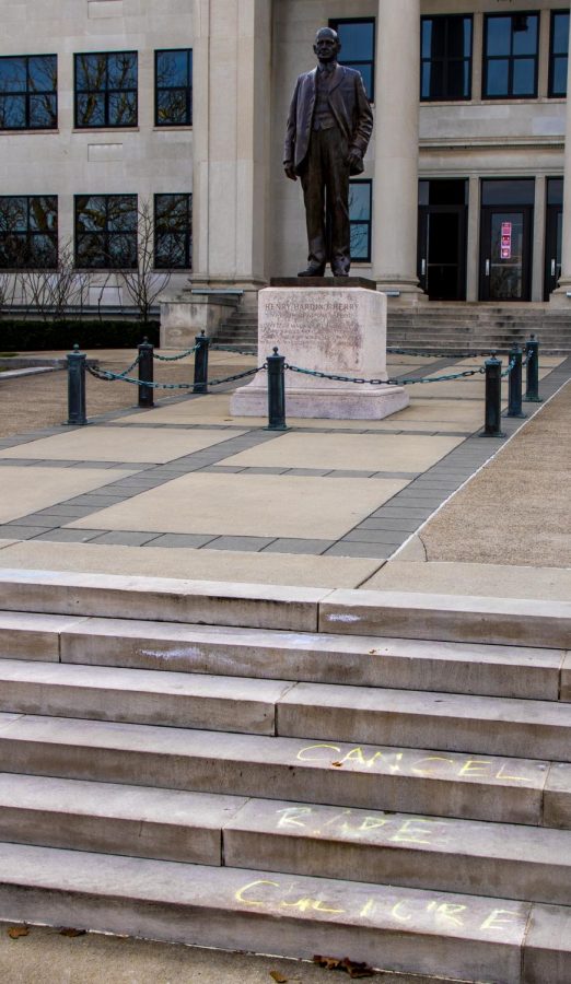 "Cancel rape culture" written on the steps of Cherry Hall following the arrest of a student on rape charges.