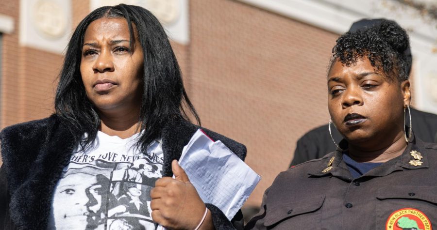 Priscilla Sterling (white tee-shirt) cousin of Emmett Till—a 14-year-old black boy who was abducted, beaten and killed in Mississippi in 1955—speaks at a protest on Saturday afternoon, Dec. 3, 2022 at the Warren County Justice Center on Center Street in downtown Bowling Green, Ky. Sterling, and a group of others, decided to protest after it came to light that the Carolyn Bryant, who’d caused Till to be murdered after she accused him of flirting with her, was living in Bowling Green, now in her late eighties. 