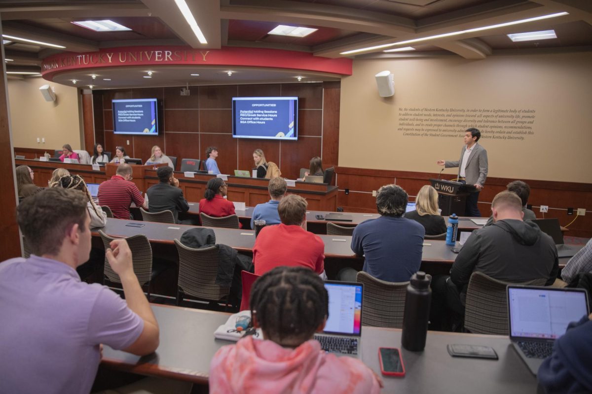 Administrative Vice President, Salvador Leon Golib, gives a brief report on SGA's finances at the first SGA meeting of the semester on Tuesday, Jan. 23. 