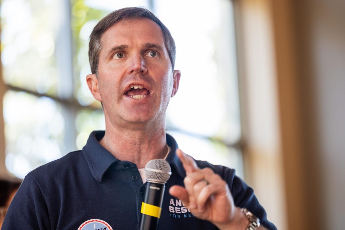 Gov. Andy Beshear speaks to students in the Downing Student Union at Western Kentucky University on Nov. 3, 2023. Beshear stopped at WKU after appearing at other college campuses across the Commonwealth to encourage young people to go to the polls on Election Day.