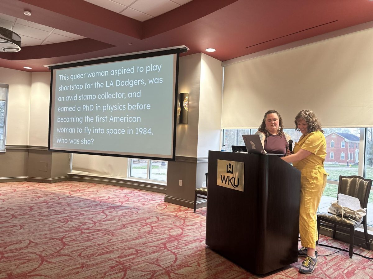 Associate professor Katie Lennard and associate professor Jess Folk host women's trivia night in the HCIC multipurpose room on March 7, in honor of women's history month.