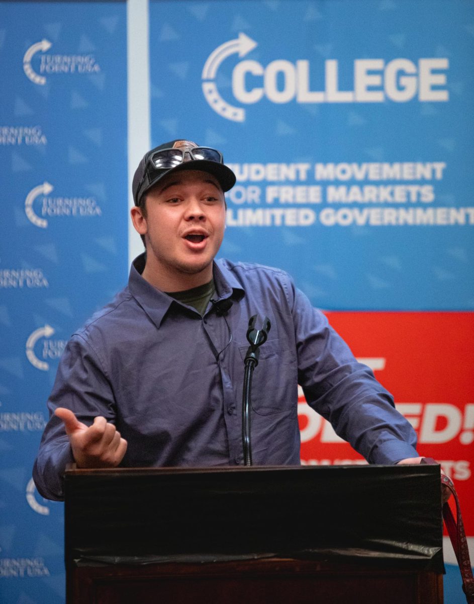 Kyle Rittenhouse responds to a question asked during the Rittenhouse Recap by Turning Point USA in the Downing Student Union Nite Class on Wednesday, March 27, 2024. 