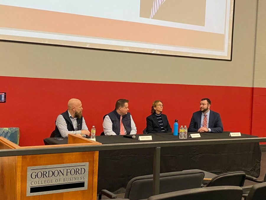 From left to right: Director of Commonwealth Financial Resources Jonathan Hendricks, Branch Manager of PNC Bank Scott Payne, Assistant Provost of Institutional Effectiveness Molly Kerby and Director of Student Financial Assistance Bryson Davis discuss the challenges members of the LGBTQ+ community face in the workplace on March 8, 2022.