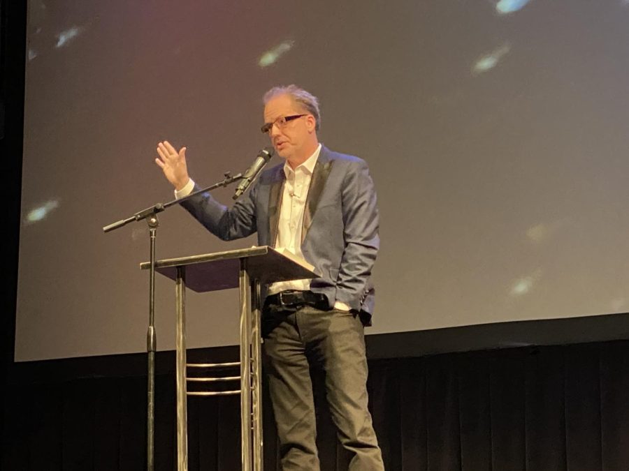 David Bell, professor and interim director of MFA Program in the English department, speaks at Capitol Arts Theatre in downtown Bowling Green at the launch for his latest book titled "She's Gone."