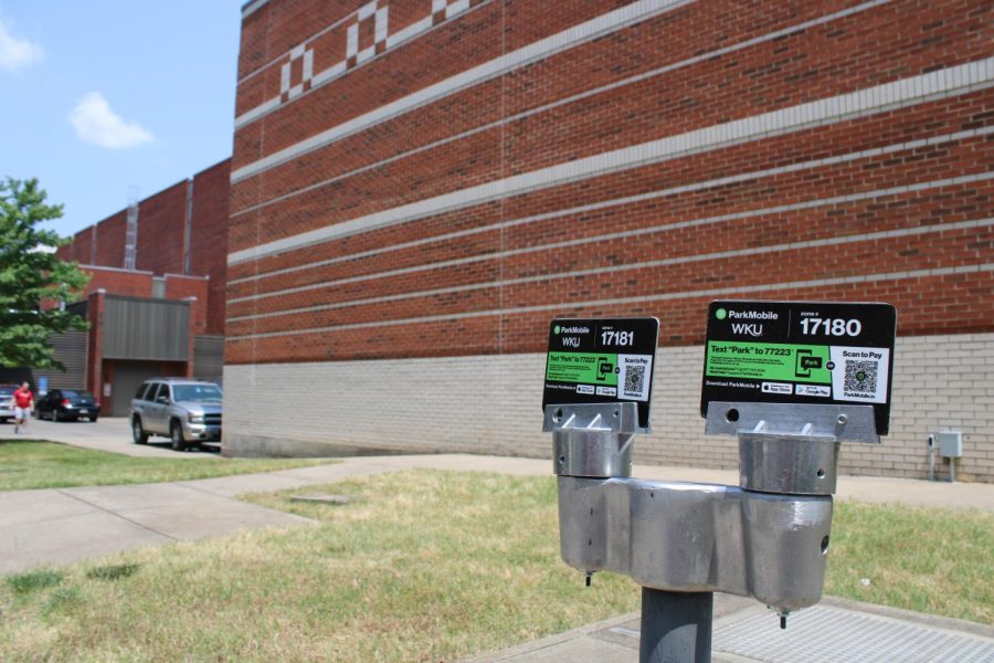 A ParkMobile parking meter in the Academic Complex Service Lot.