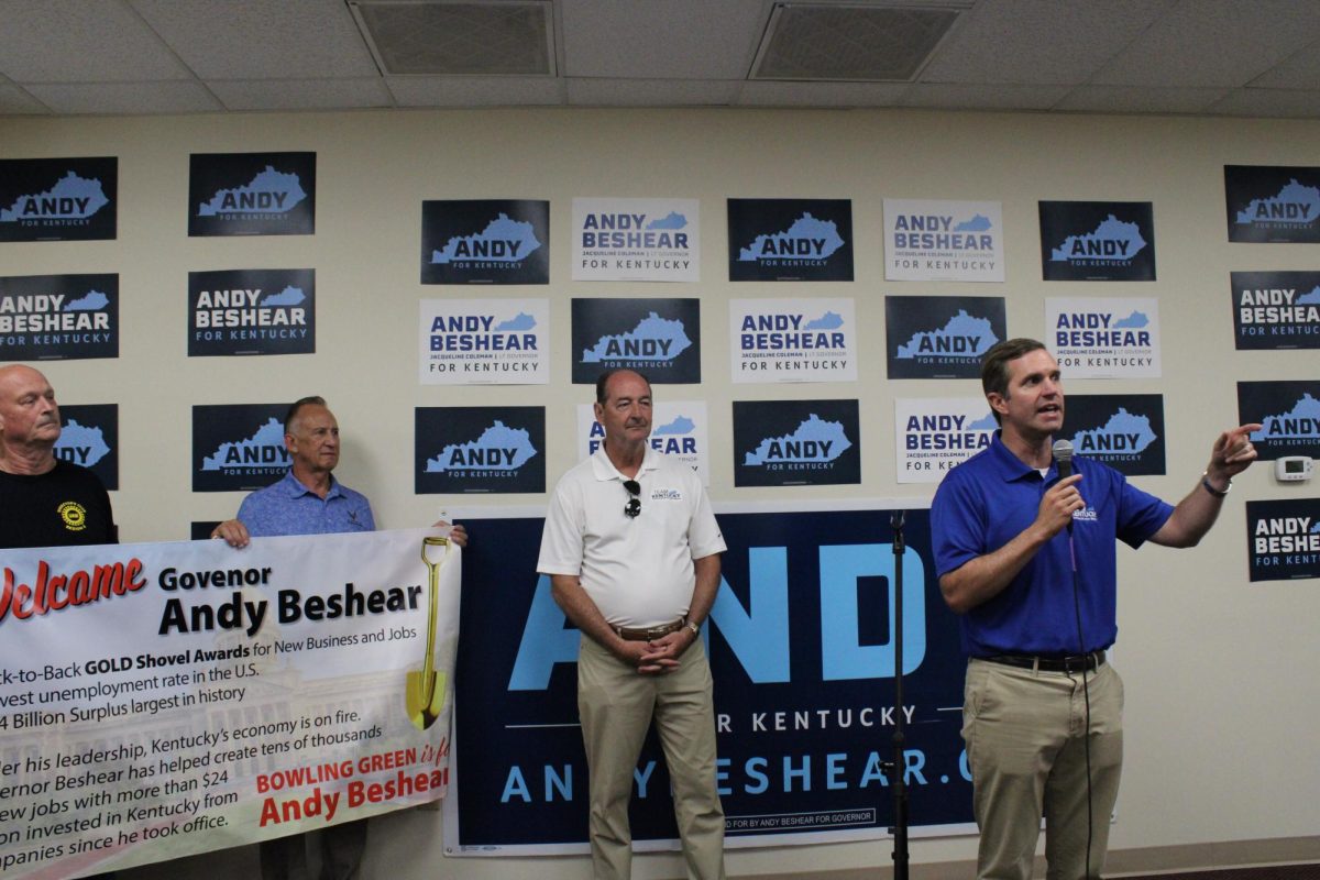 Gov. Andy Beshear gives a speech at the opening of the Warren County field office on Friday, July 14.