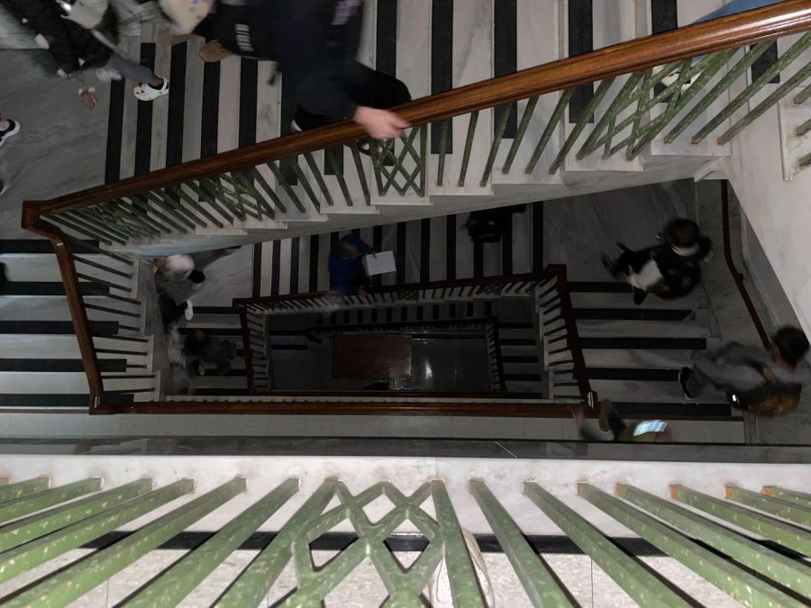 A Cherry Hall stairway during the power outage on Friday, Feb. 3.