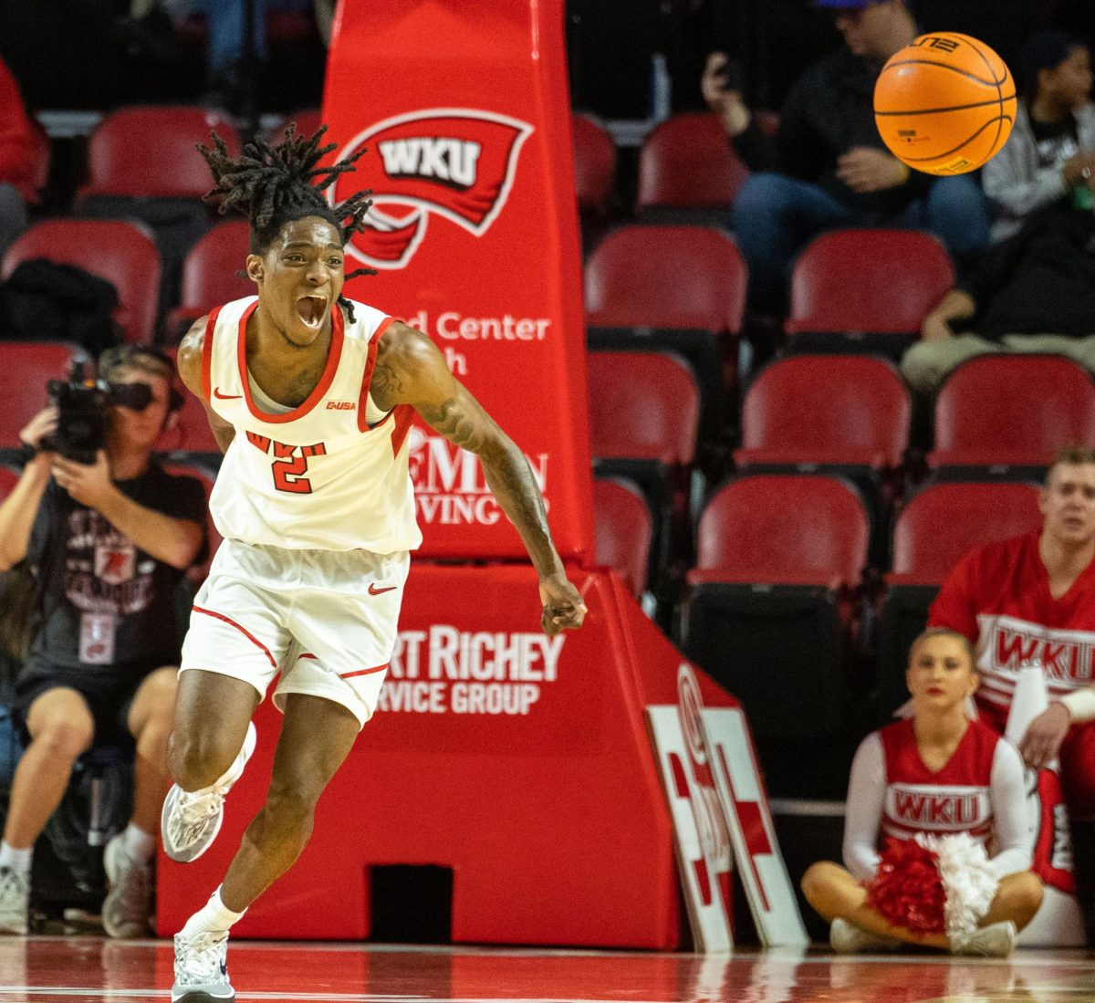 Guard Don McHenry (2) goes after a defensive rebound during a game against the Kentucky Wesleyan College Panthers in the Diddle arena on Monday Nov. 6, 2023. 