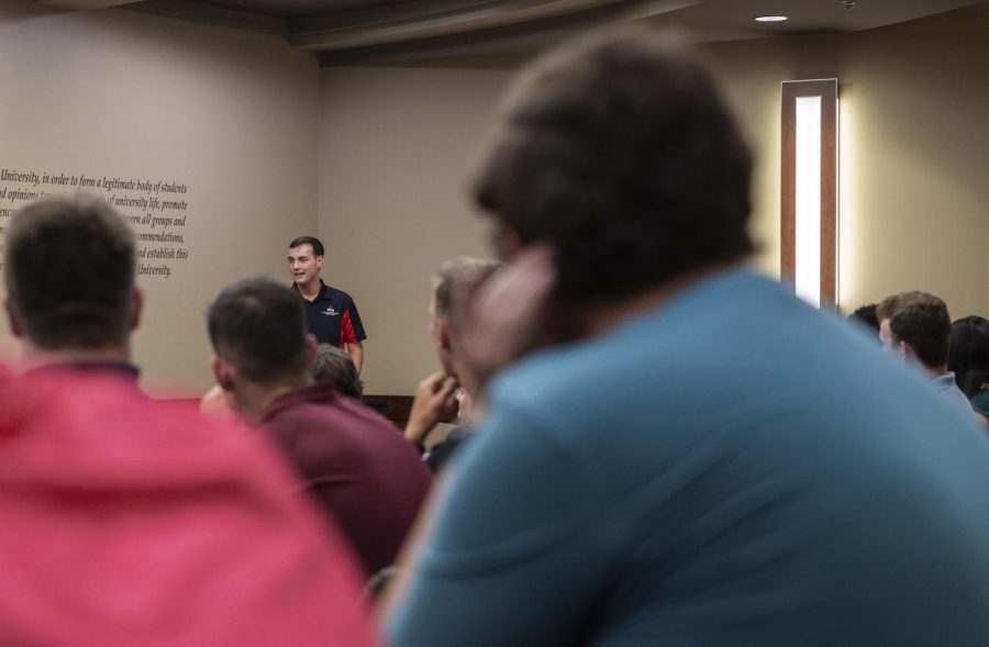 Student body President Cole Bornfeld addresses the WKU Student Government Association senate during a meeting in Bowling Green, Ky. on Aug. 30, 2022.