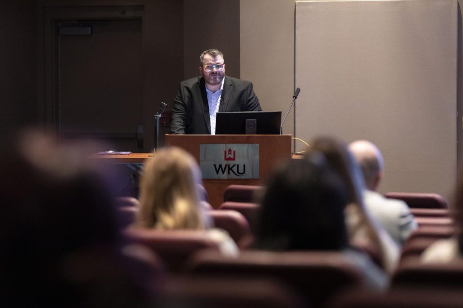 Willie Carver, the 2022 Kentucky Teacher of the Year and Ambassador to the Kentucky Department of Education, speaks during a talk as part of the PCAL Cultural Enhancement Series on Tuesday, March 28, 2023 in Jody Richards Hall. 