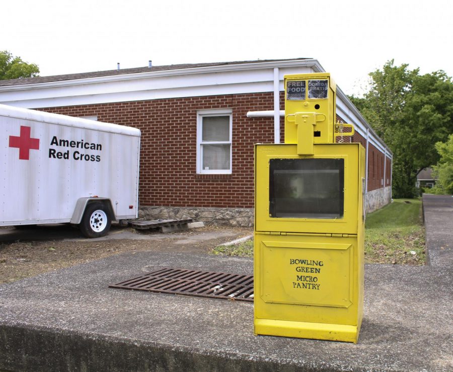 One of five micro pantries in an old newspaper vending machine that was donated by the Bowling Green Daily News. This micropantry is located at 958 Collett Avenue, across from International Center of Kentucky.
