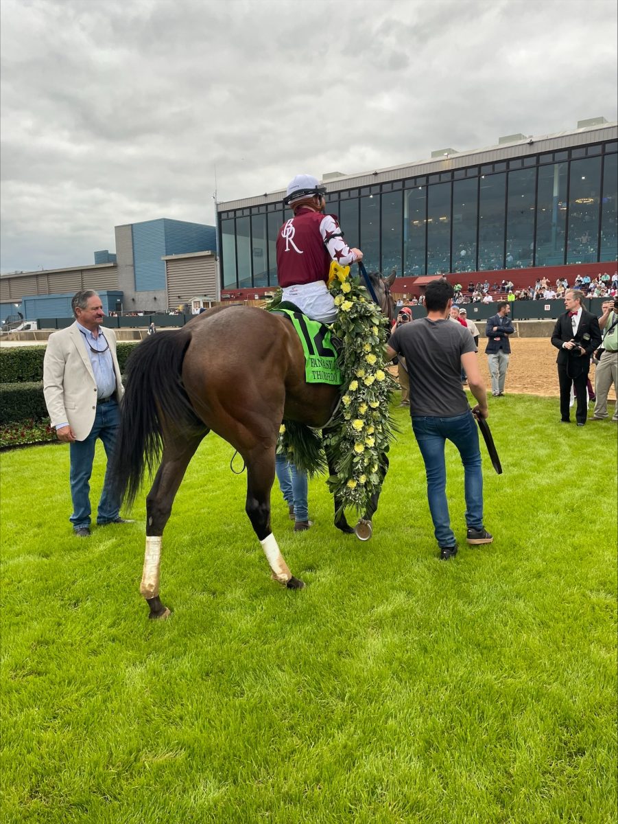 Thorpedo Anna and Jockey Brian Joseph Hernandez Jr. pose for pictures in the winners circle following a win in the Arkansas Fantasy, March 30, 2024