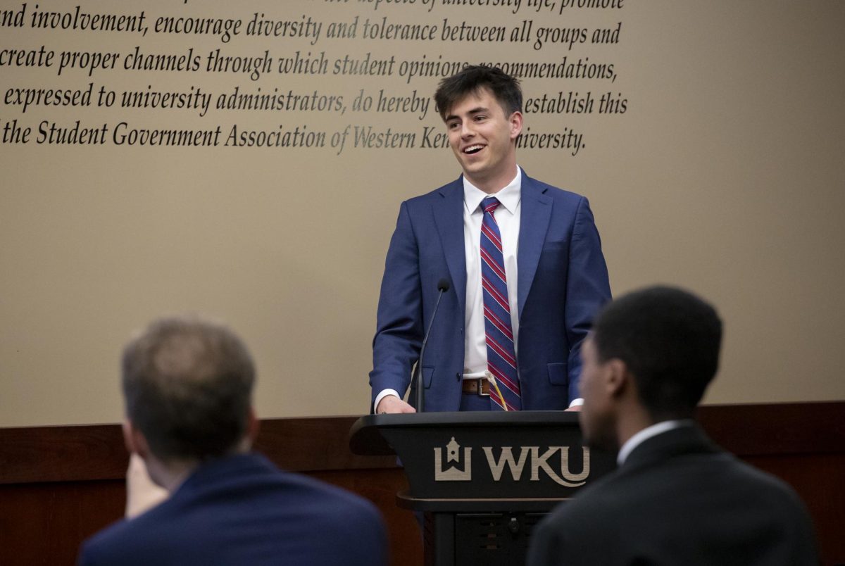 Student Body President Sam Kurtz gives his final report to the 23rd senate at SGA's weekly meeting on Tuesday, April 16 in the Senate Chamber. "I just want to thank every one of you for everything you've done for this organization this year," Kurtz said. "It means a lot to me."
