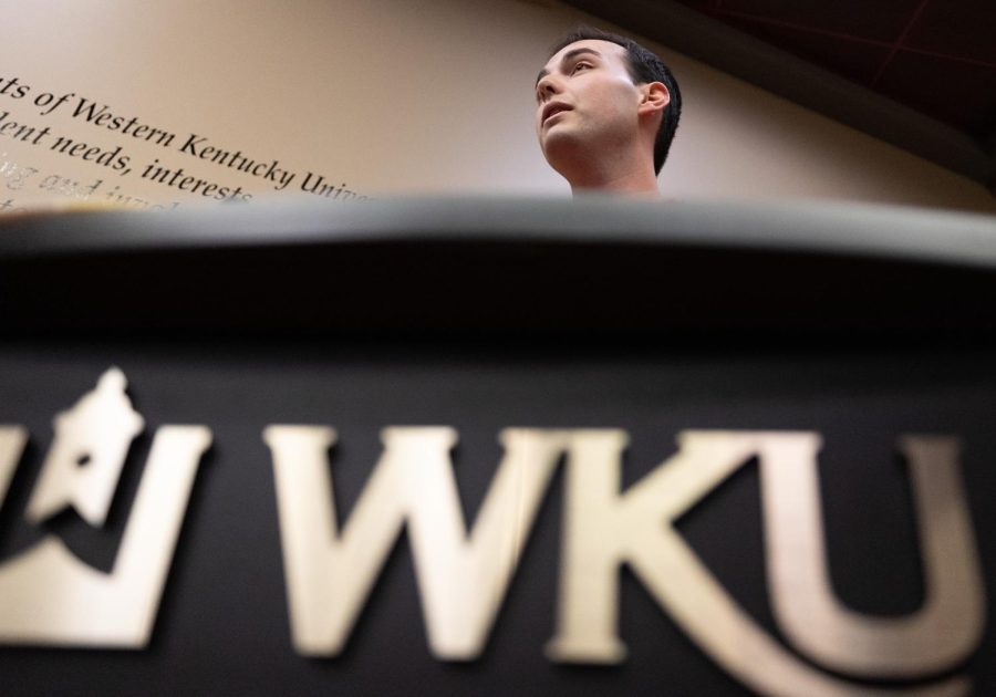 Student Body President and Student Regent Cole Bornefeld addresses Western Kentucky University’s Student Government Association during the second session of the spring semester on Tuesday evening, Jan. 24, 2023 in the SGA chambers on campus in Bowling Green, Ky.