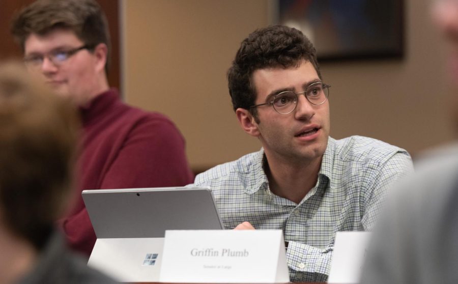 Senator at Large Griffin Plumb speaks during Western Kentucky University Student Government Association’s second session of of the spring semester on Tuesday evening, Jan. 24, 2023 in the SGA chambers on campus in Bowling Green, Ky.