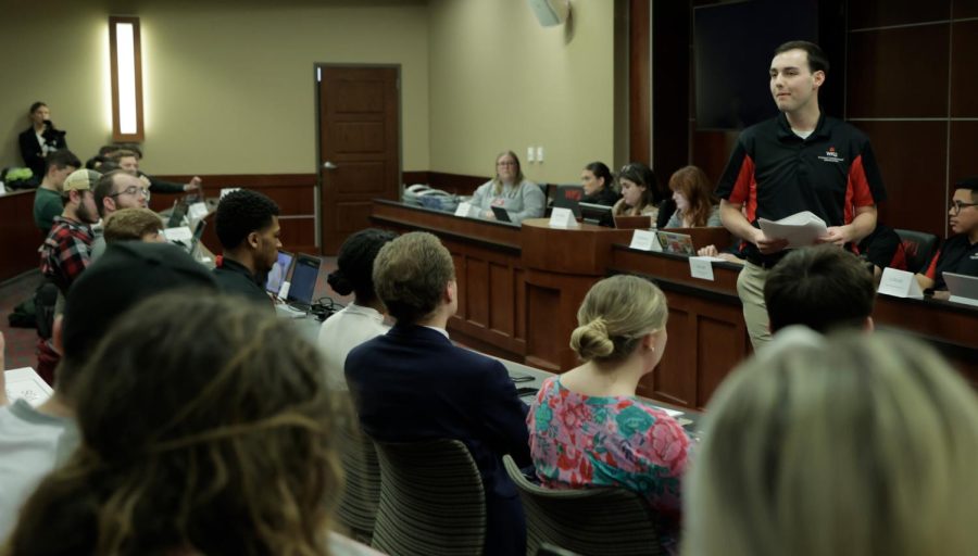 WKU SGA Student Body President and Student Regent Cole Bornefeld speaks Tuesday, Feb. 21, 2023 in the SGA chambers on campus in Bowling Green, Ky. Less than a week before, SGA voted unanimously against censuring President Bornefeld after he was accused of liking anti-LGBTQ content on his instagram.