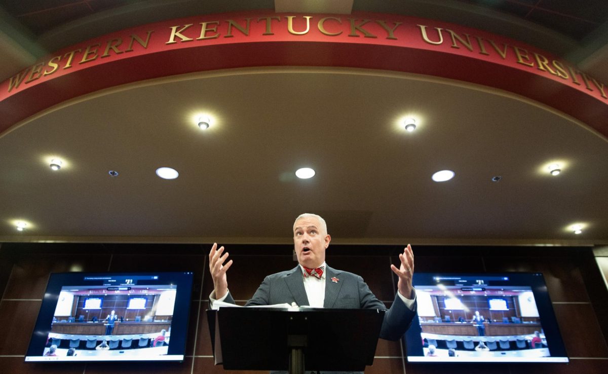 President Timothy Caboni addresses questions submitted by campus staff during his annual staff senate meeting in the Student Government Association chambers in Downing Student Union on Tuesday, Sep. 3, 2024.