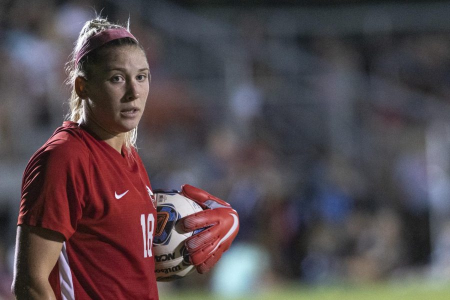 Western Kentucky University Hilltoppers fifth year senior Alexis Bach (18) holds the ball during a match against the University of Kentucky Wildcats at the WKU Soccer Complex on Wednesday evening, Sept. 1. The Hilltoppers won the match 1-0.