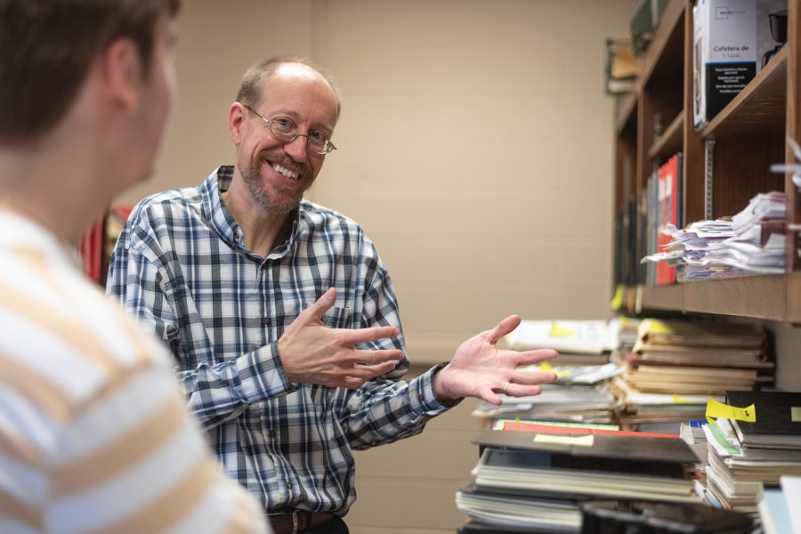 Western Kentucky University professor Jerald Brotzge (right), works with research assistant Caden Childers (left), to renovate and reorganize the room housing the Kentucky Climate Center on the third floor of the Environmental Science & Technology Building on Tuesday, Jan. 17, 2023 in Bowling Green, Ky. In addition to teaching at the university, Brotzge also directs the Kentucky Climate Center, which “provides climate services, conducts climate research, and engages students in projects that build upon classroom learning,” and the Kentucky Mesonet—an interconnected system of several weather monitoring stations throughout the state.