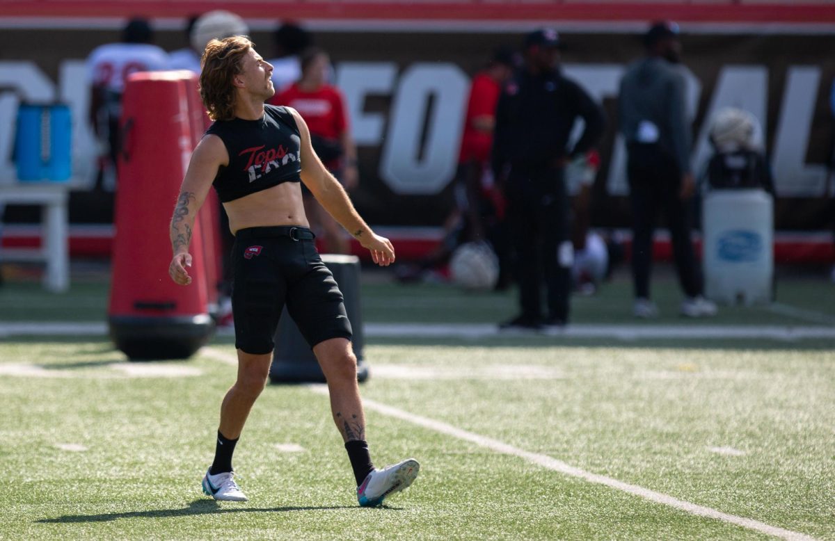 Tom Ellard looks towards the ball he just punted during WKU’s practice at Feix Field in Bowling Green, Ky. on Tuesday, August 29, 2023. 