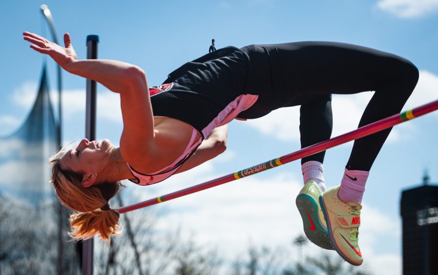 Senior Katie Isenbarger competes in high-jump during day one of Western Kentucky University’s Hilltopper Relays Friday, April 1, 2022 at the Charles M. Ruter Track and Field Complex in Bowling Green, Kentucky.