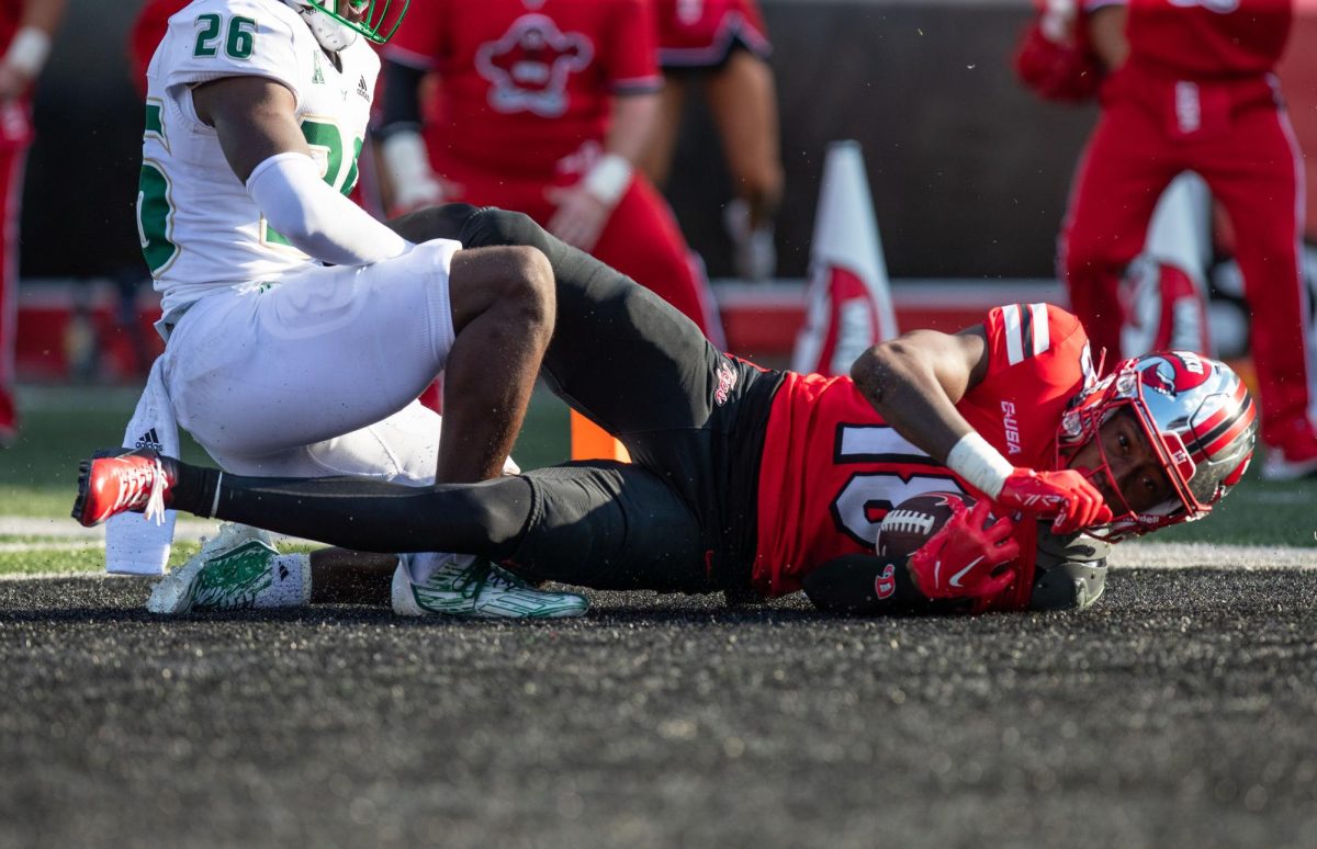 Wide receiver Moussa Barry falls into the end zone for a touchdown against University of South Florida at Smith Stadium in Bowling Green, Ky. on Saturday, Sept. 2, 2023. 