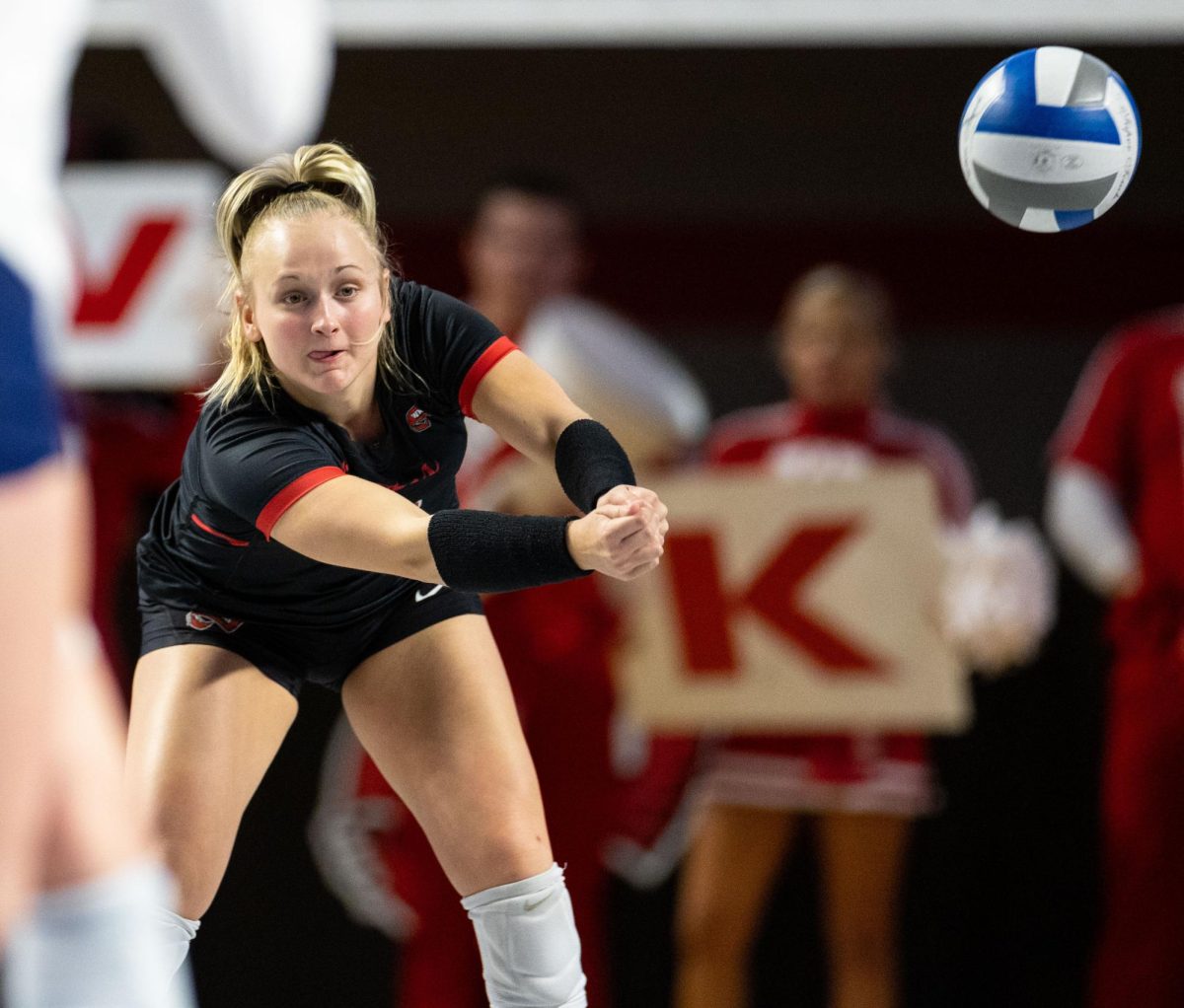Defensive specialist Kelsey Brangers passes the ball during a match against Florida International University at the E.A. Diddle Arena in Bowling Green on Saturday, Nov. 4, 2023. 