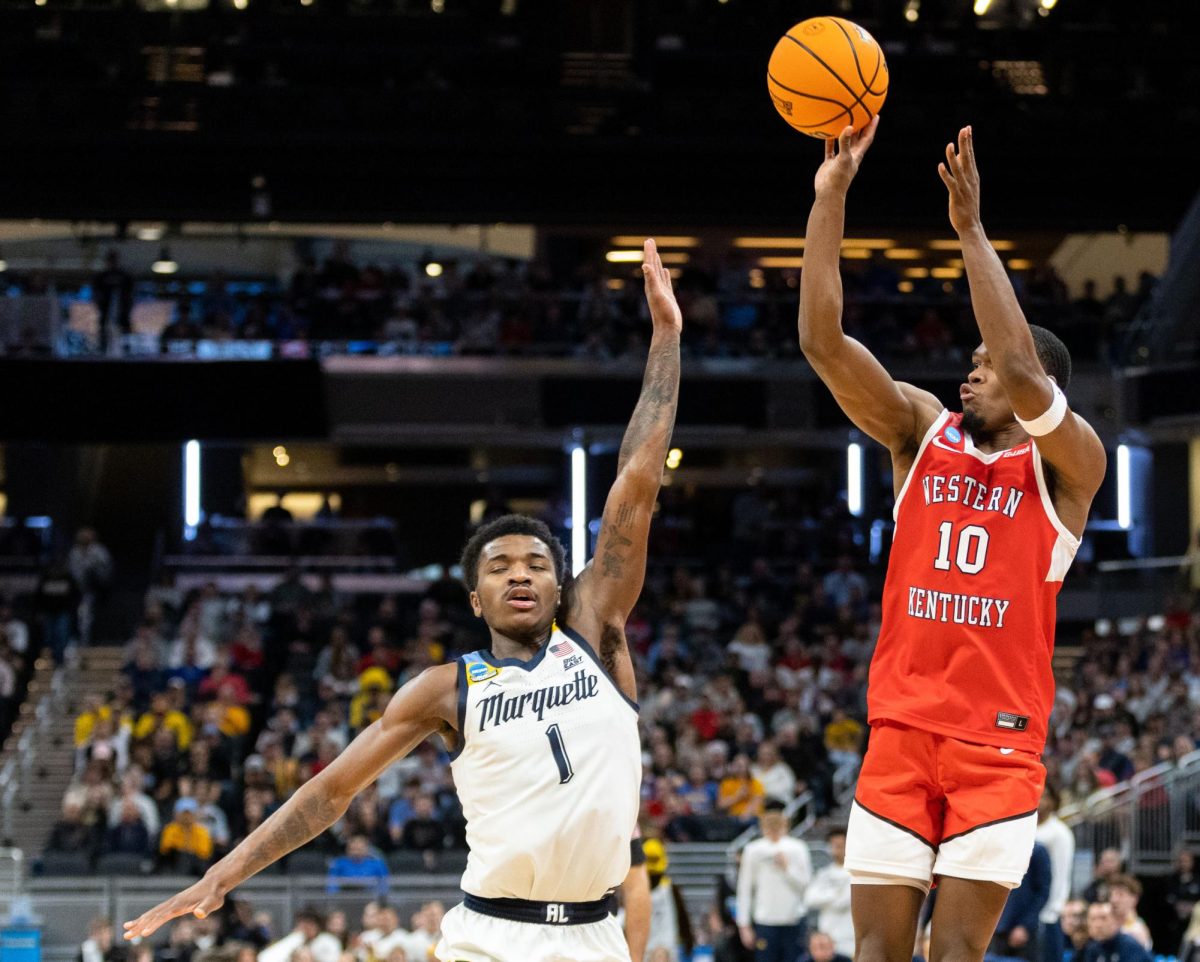 WKU guard Brandon Newman (10) goes up for a field goal during a game in the Round of 64 against Marquette at the Gainbridge Fieldhouse in Indianapolis on Friday, March 22, 2024.
