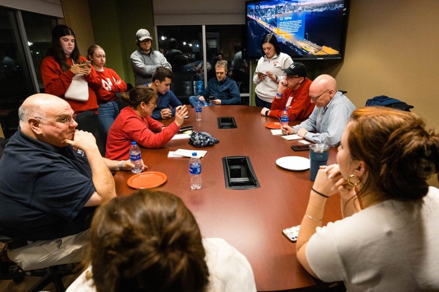 Students and advisers from the WKU Herald and Ball State University, meet to discuss their projects at Student Publications in early February.